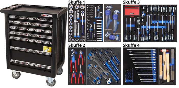 BATO Værktøjsvogn med 7 skuffer og 267 dele værktøj i 4 skuffer. Model 9124-267 sort