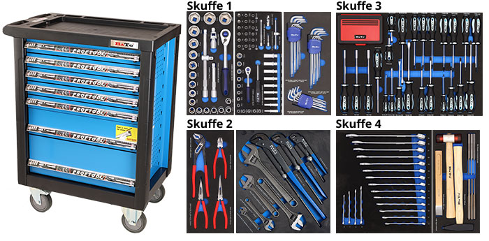 BATO Værktøjsvogn med 7 skuffer og 267 dele værktøj i 4 skuffer. Model 9137-267 blå