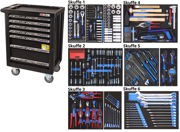 BATO Værktøjsvogn med 7 skuffer og 305 dele værktøj i 5 skuffer. Model 9124-305 sort
