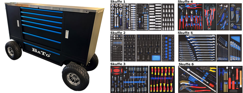 BATO Værktøjsvogn XXXL - offroad 7 skuffer med 579 dele værktøj og 2 endeskabe med hylde. Luftgummihjul og trækstand med bremse. 9165-579 Sort/blå.