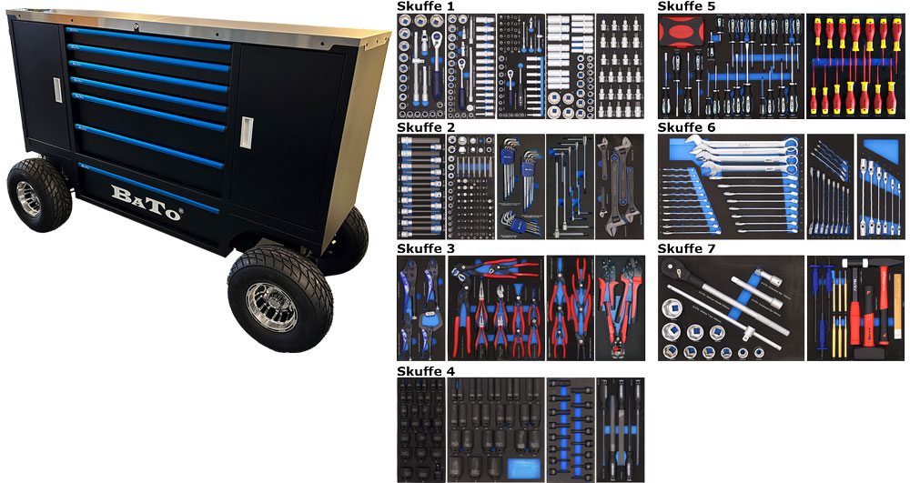 BATO Værktøjsvogn XXXL - offroad 7 skuffer med 620 dele værktøj og 2 endeskabe med hylde. Luftgummihjul og trækstand med bremse. 9165-620 Sort/blå.
