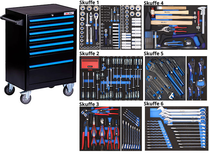 BATO Værktøjsvogn med 7 skuffer og 305 dele værktøj i 6 skuffer. Model 9106-305 sort