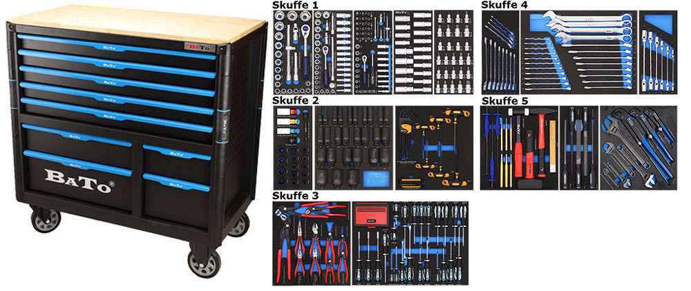 BATO Værktøjsvogn XXL-Premium med 9 skuffer og 434 dele værktøj i 5 skuffer. Model 9157-434 sort