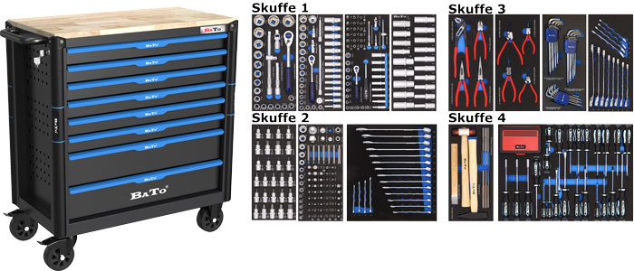 BATO Verktygsvagn XL-Premium med 8 lådor. 4 lådor med 438 verktyg. Modell 9108-438. Svart
