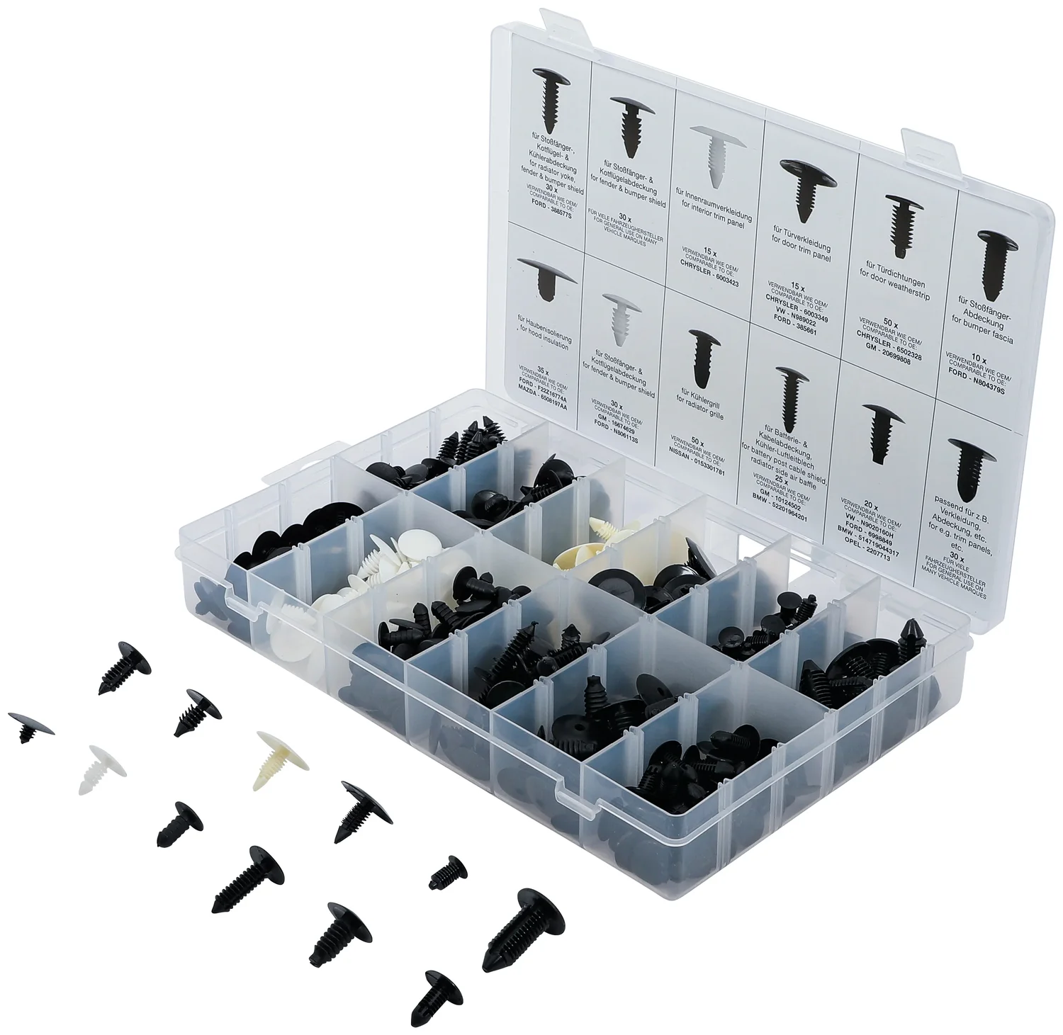 BGS Clips-sortiment til GM, VW, Chrysler, BMW, Nissan, Ford | 340 dele