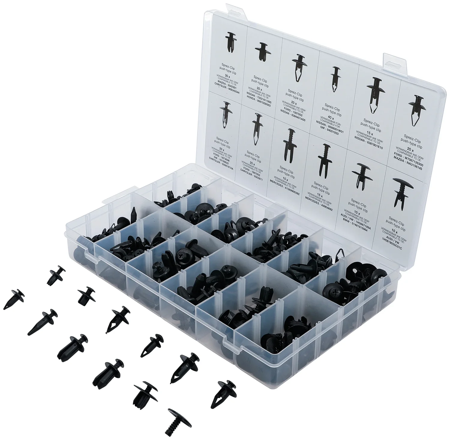 BGS Sortiment af plastspredeclips til Mazda, Honda, Ford, Nissan, VW | 240 dele