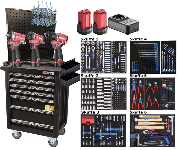 BATO Multi tool trolley with 7 drawers, board and 16V battery machines 517 parts.