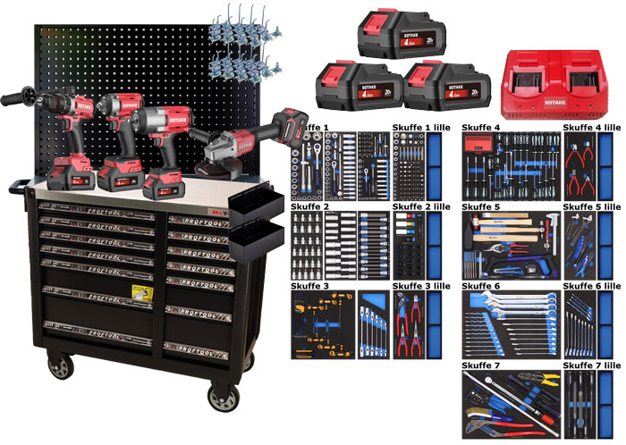 BATO Multi tool trolley with 14 drawers, board and 20V battery machines 557 parts.