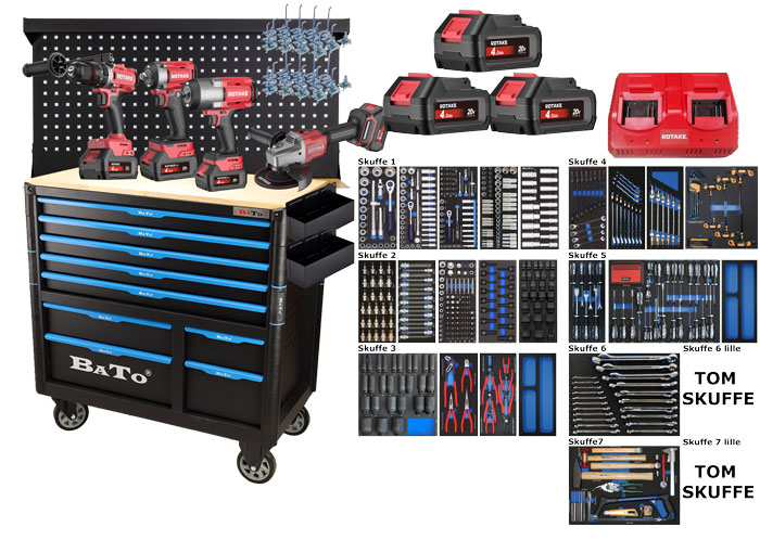 BATO Multi tool trolley with 9 drawers, board and 20V battery machines 611 parts.