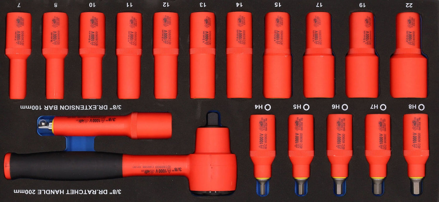 BATO VDE 1000V Steckschlüsselsatz 3/8 "Oberteile 7-22 mm. Stiftoberteile 4-8 mm. EVA 1/3.